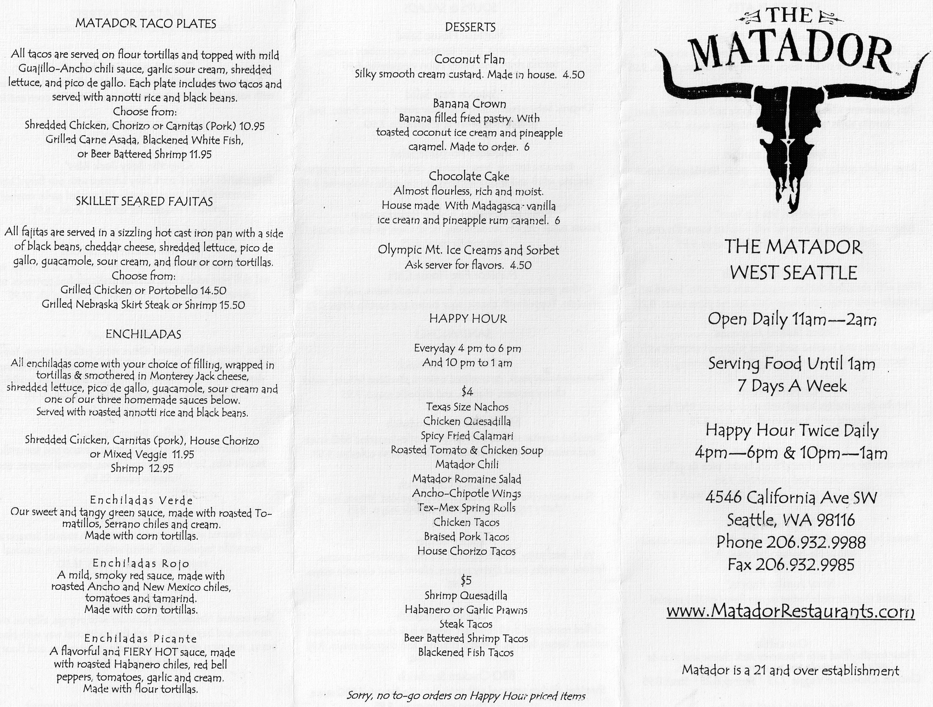 the matador menu